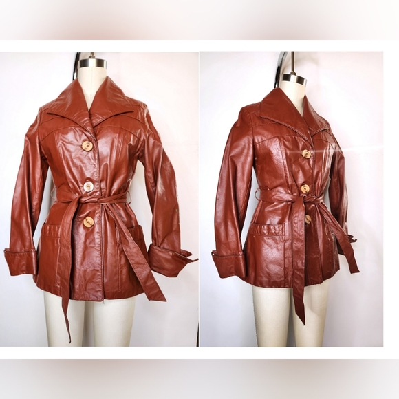 70s Brown Leather Coat Jacket Trench Coat Jacket Belted Quilted Lining XXS XS
